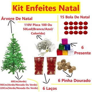 Kit Enfeites Natal Com Árvore De Natal E 6 Presente 110V Luz 6 Laços Pinha Dourada E Bola De Natal