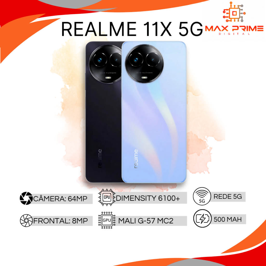 Realme 11x 5G (Versão Global) | Câmera de 64MP, Processador Dimensity 6100+ (6 nm), GPU Mali-G57 MC2 (NOVO/LACRADO)
