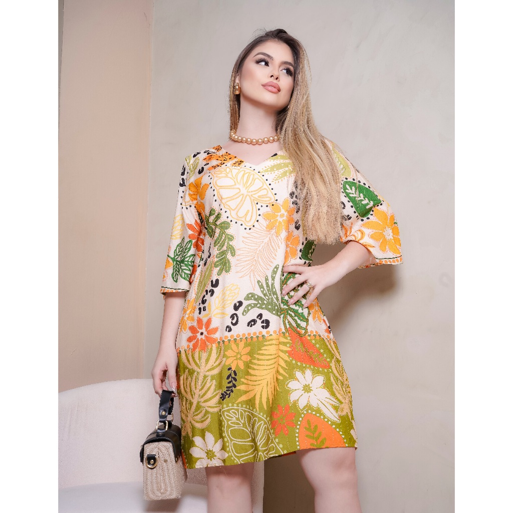 Vestido curto feminino soltinho manga curto verao