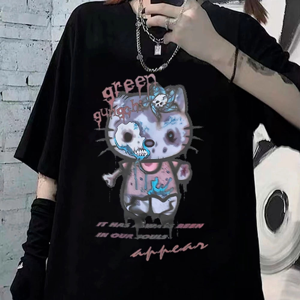 Camiseta Basica Camisa Hello Kitty Desconfigurada Gotico Punk Horror Unissex Malha Premium