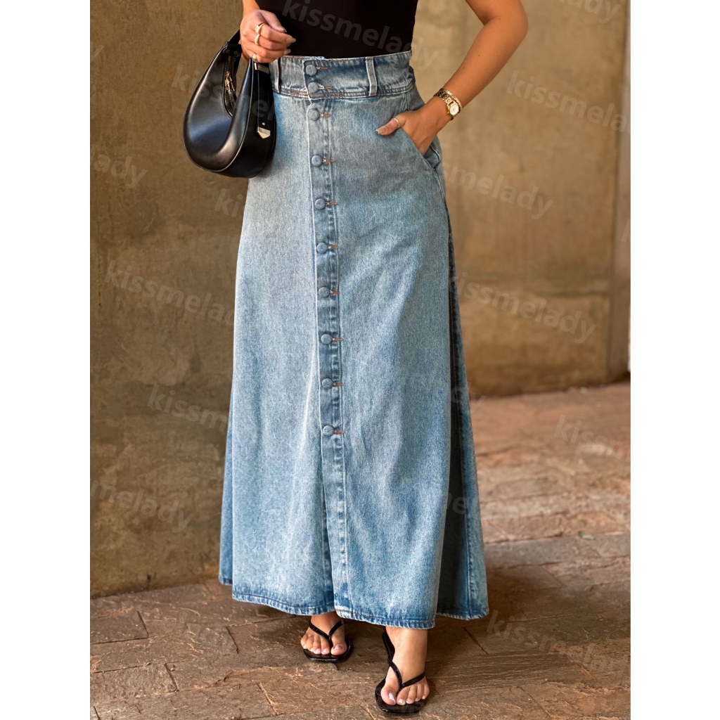 kissmelady 1005 1007 Saia Longa jeans Com botao forrdo feminina