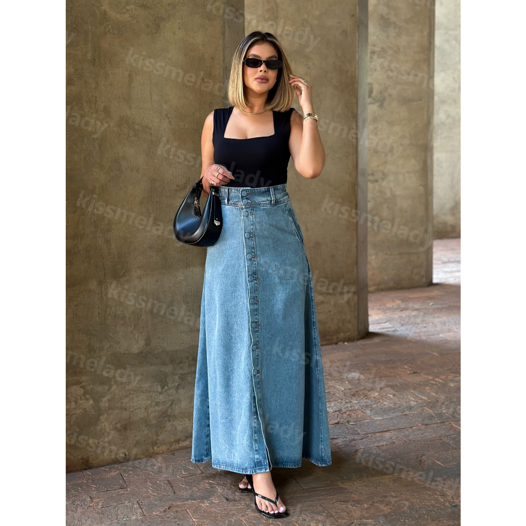 kissmelady 1005 1007 Saia Longa jeans Com botao forrdo feminina