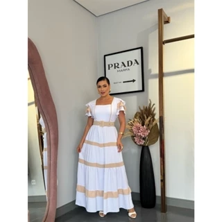 Vestido Feminina Longo Manga com Babado com Bojo com cinto em Oferta na Shopee