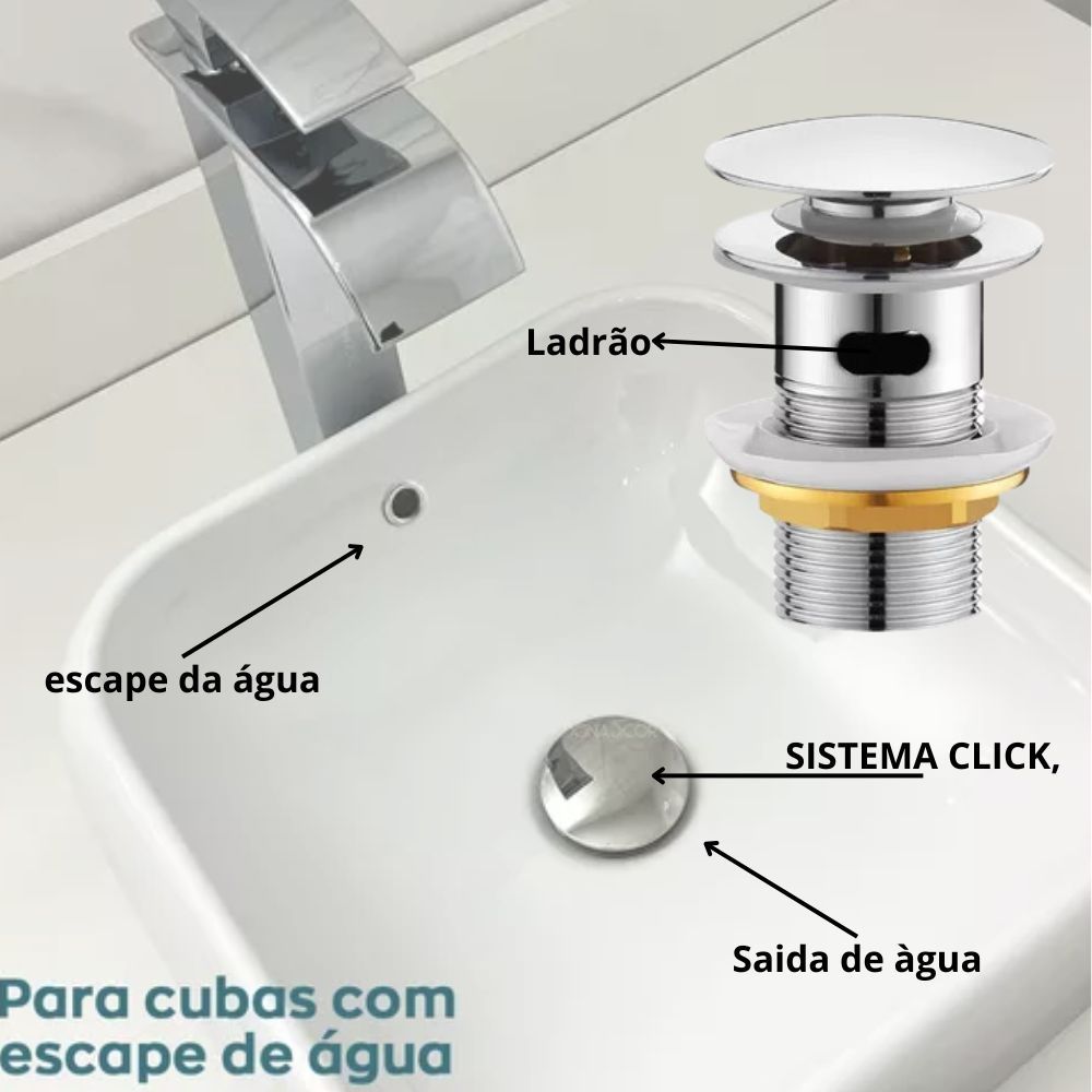 Valvula Ralo Pia Valvula de cuba Com Ladrao 1 1/4 Click Metal Inox tamanho grande 11/4