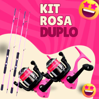 Kit Pesca Duplo Rosa Pink Pescaria Feminina Mulher Completo Vara Molinete Linha Nylon Tralha Pescar