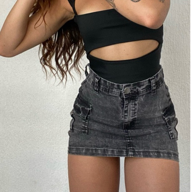 Saia Cargo Jeans Estonada Cintura Alta Tendência