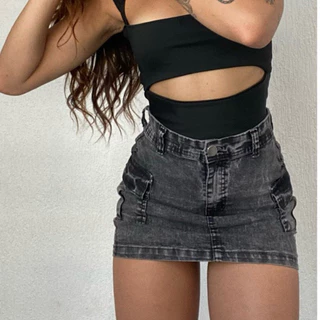 Saia Cargo Jeans Estonada Cintura Alta Tendência