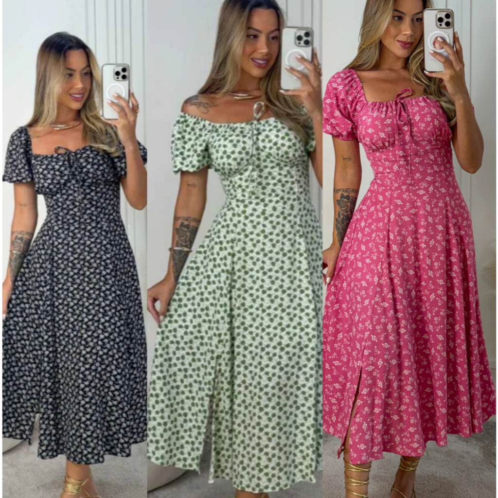 Vestido Floral Midi Manga Curta Feminino Forrado Elastex cruzada nas Costas