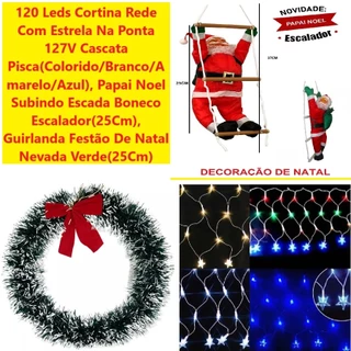 Kit Enfeites Natal Com 25Cm Papai Noel Boneco Escalador Estrela 120 Leds E Guirlanda Nevada Verde