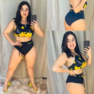 Biquíni Feminino Plus Size Hot Pant Cintura Alta Com Forro e Bojo em Oferta na Shopee