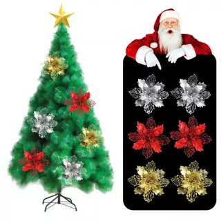 Kit 18 Flores Enfeite Árvore de Natal Natalina Glitter Brilho Artificial Colorida