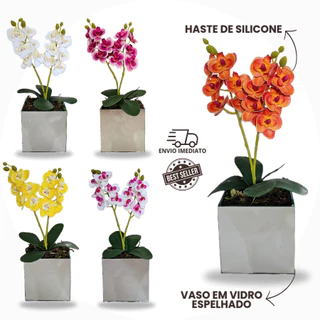 Arranjo de orquídea silicone realista com vaso de vidro espelhado