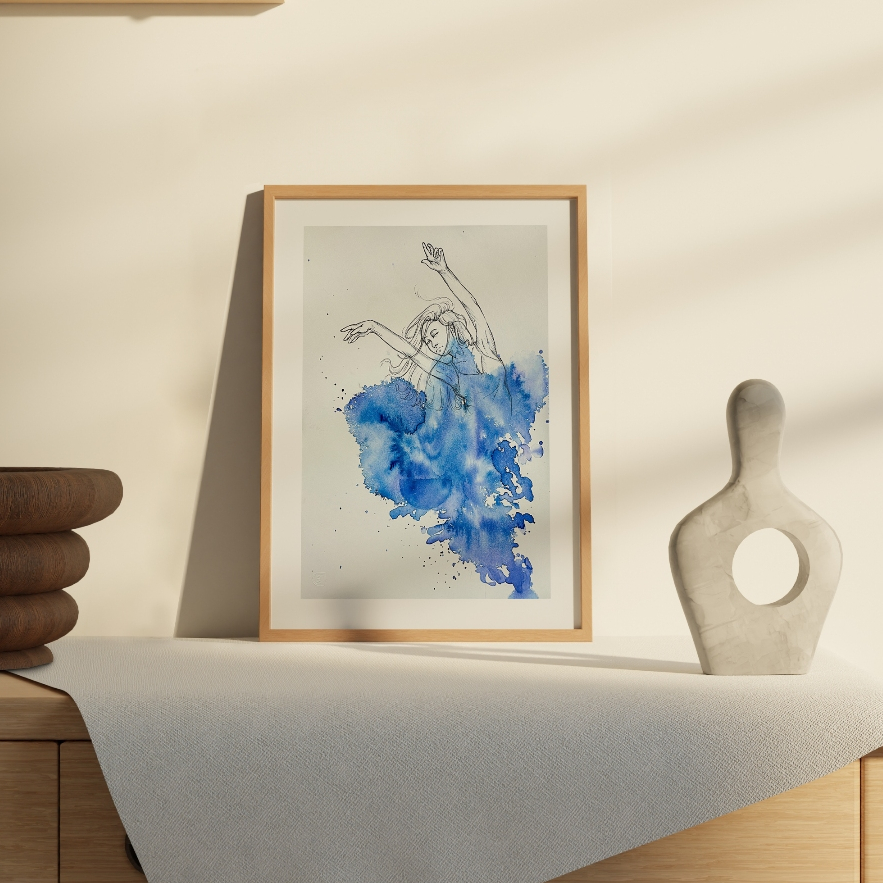 Pintura em Aquarela Original Autoral Ilustraquel - Arte Feita à Mão - Quadro decorativo - Dancing blue - A4 - Presente