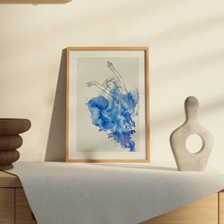 Pintura em Aquarela Original Autoral Ilustraquel - Arte Feita à Mão - Quadro decorativo - Dancing blue - A4 - Presente