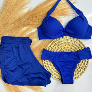 Conjunto biquini top bojo calcinha bombom e shorts saida de praia moda verão em Oferta na Shopee