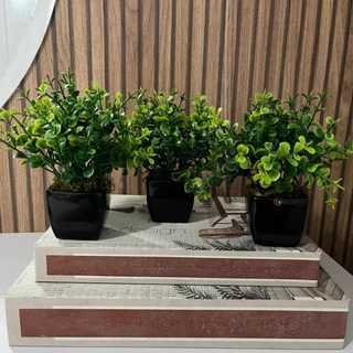 Kit com 3 vasinhos de cerâmica com folhagem artificial (Preto ou Branco)
