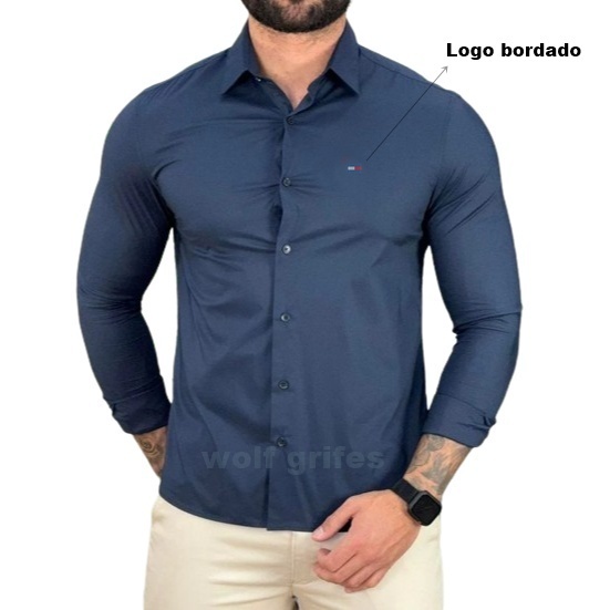 Camisa Social Grife Bandeira Manga Longa Masculina Slim Fit