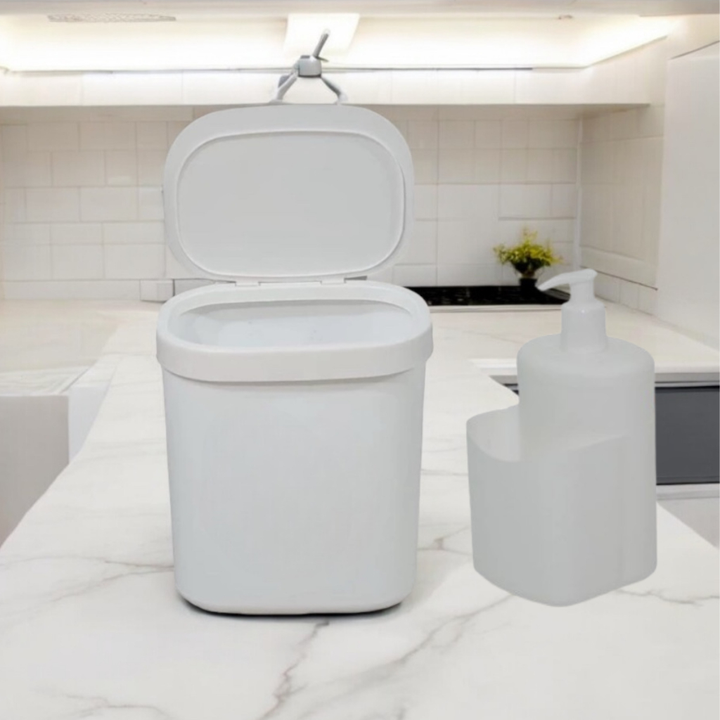 Kit Pia Lixeira 3,5L + Dispenser Detergente C/ Porta Bucha Esponja Preto, Branco, Rosa e Vermelho