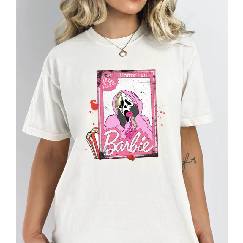 Camiseta Oversized Estampada Feminina Halloween Boneca Rosa Algodão