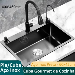 Cuba Pia Inox Preta Quadrada 68X45CM Cozinha Gourmet com Acessórios