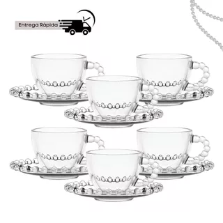 Jogo De Xícaras E Pires Em Vidro Transparente 12 Peças Para Chá Café 220ml Pearl Pérola Bolinha