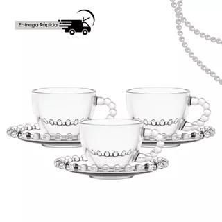 Jogo De Xícaras E Pires Em Vidro Transparente 6 Peças Para Chá Café 220ml Pearl Pérola Bolinha