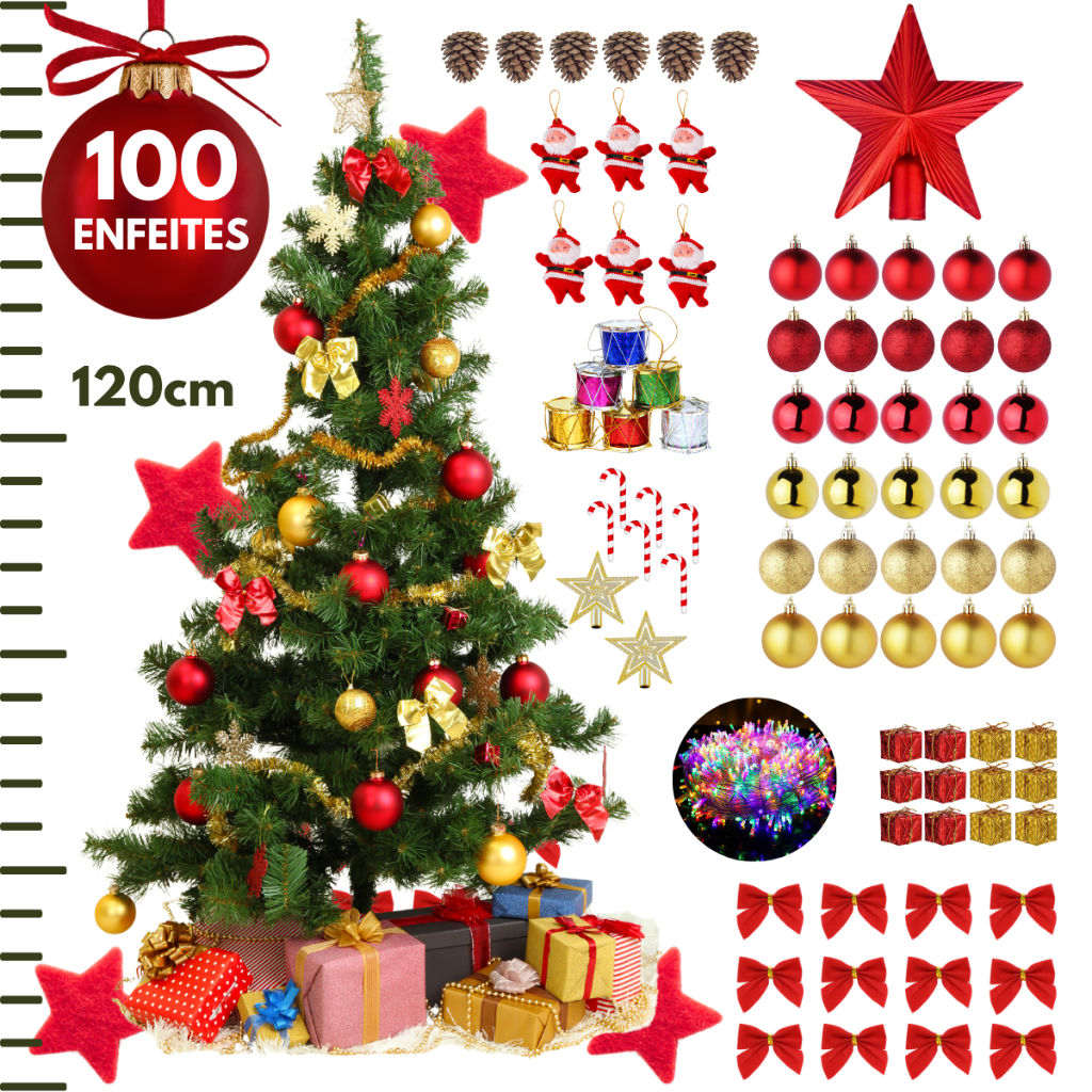Kit Arvore De Natal 120cm 120 Galhos Verde Pinheiro Mais 100 Enfeites ...