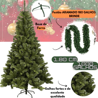 Árvore de natal 1000 galhos 180cm pinheiro verde tradicional cheia modelo canadense PREMIUM