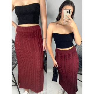 Saia Longa Tricot Feminina Tramas Fenda Lateral Moda Evangelica Aerolook