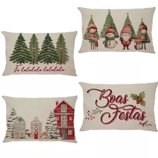 Capa de almofada De Natal 30x50cm Retangular Linho Estampada Decoração Natalina Baguete Papai Noel Arvore de Natal