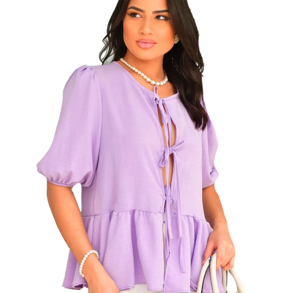 Blusa Bata Lacinho Listrada Babado Modinha Feminina Lançamento Manguinha