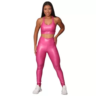 Conjunto Feminino Cirrê Brilhoso Legging Cintura Alta e Top 2 em 1 de Academia Treino Esporte