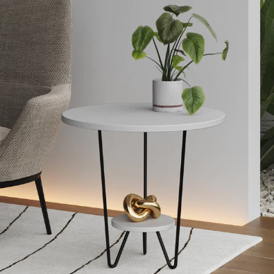 Mesinha de canto Italy - Charme e estilo com tampo  redondo de madeira com base de ferro