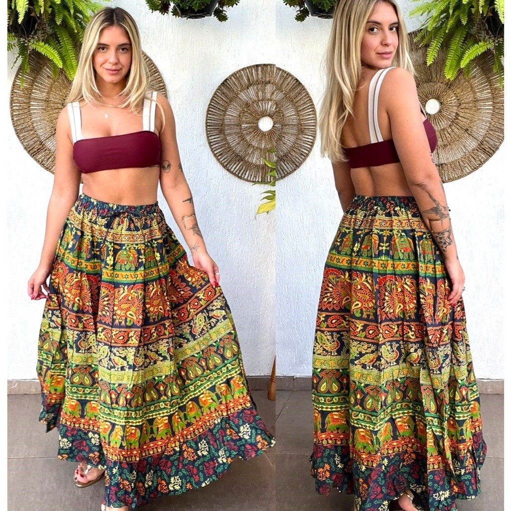 Saia Longa Indiana Estampada Com Elástico Na Cintura | Shopee Brasil