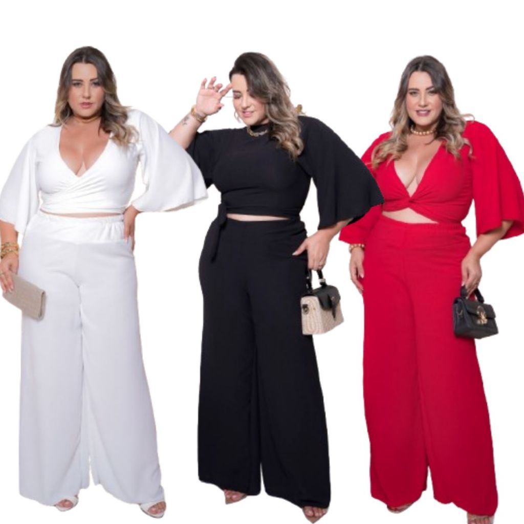 025 - Conjunto Plus Size Moda Feminana Cropped Multiformas + Calça Pantalona - Especial Fim de Ano