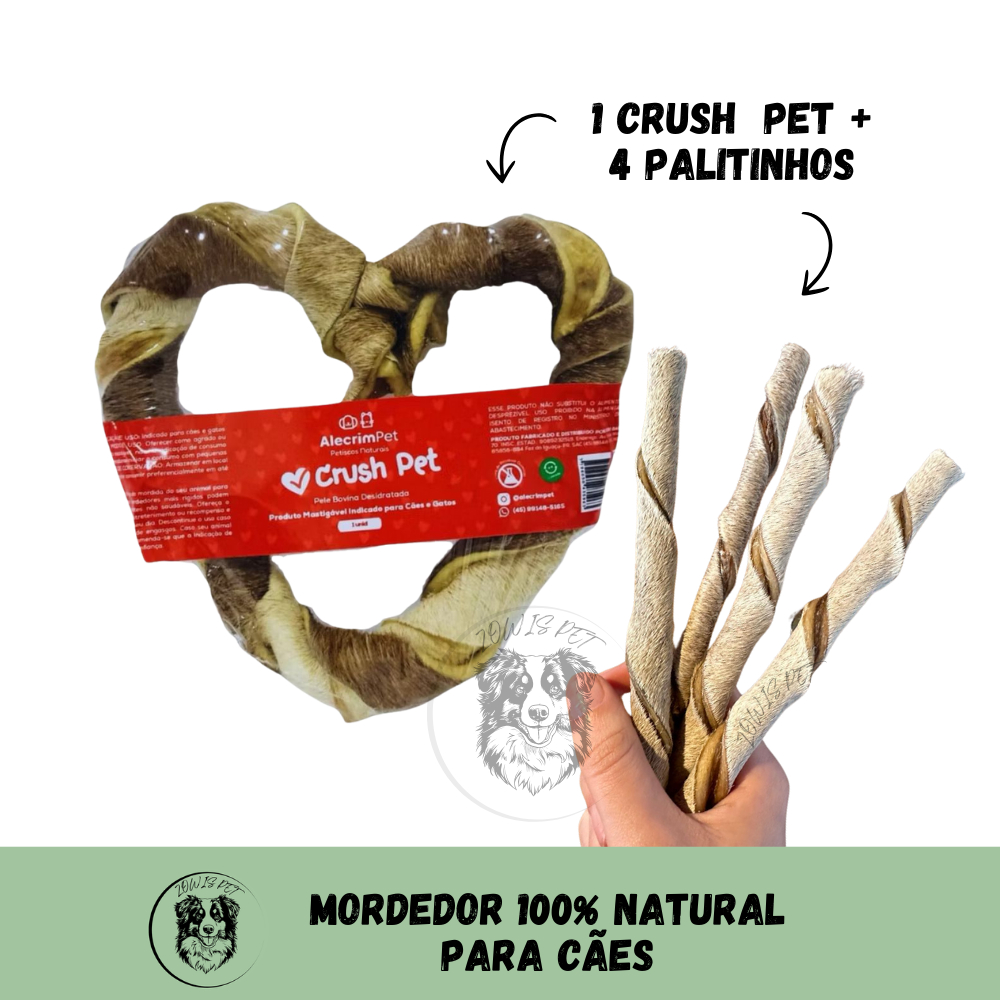 Foto de Kit Mordedor Natural Pet Palitinho de Couro Bovino 4un para Cachorro Natuka + Crush Pet Alecrim Pet