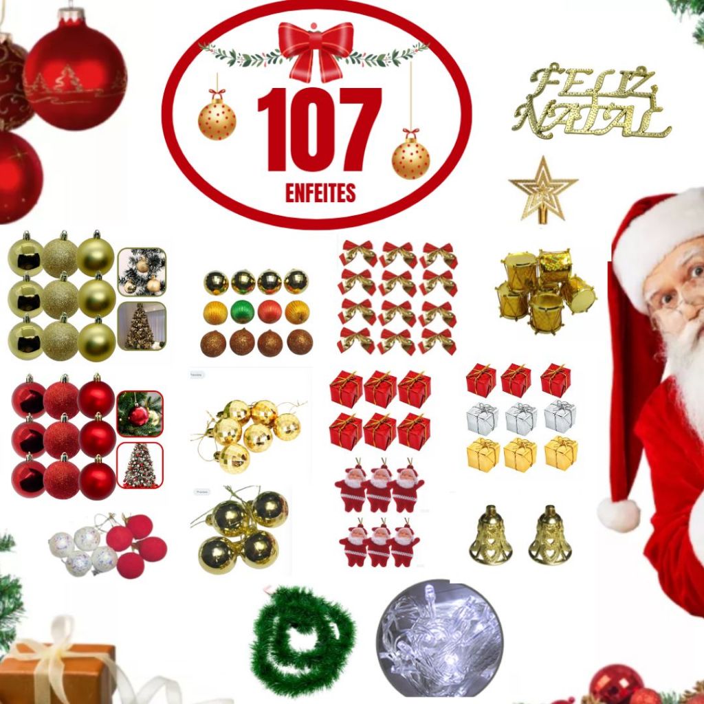 KIT 107 ENFEITES PARA DECORAÇÃO ARVORE DE NATAL - 106 ENFEITES + PISCA ...