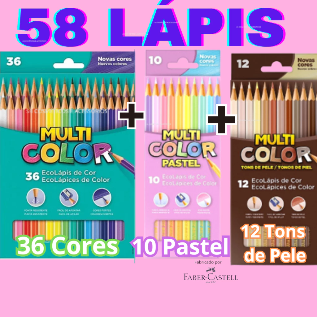 KIT 58 LÁPIS MULTICOLOR FABER CASTELL (36 CORES+10 CORES TOM PASTEL+12 CORES ETINIAS)