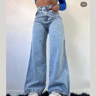Calça Jeans Feminina Wide Leg Marmorizada Cintura Alta Sem Lycra em Oferta na Shopee