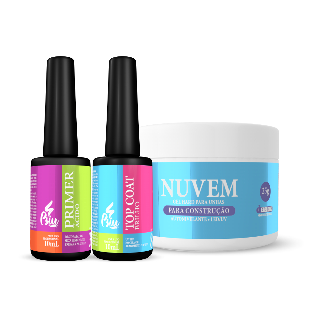 Kit Psiu 3 Produtos 1 Primer Á.cido 10ml + 1 Top Coat 10ml + 1 Gel ...