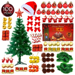 Árvore De Natal Decorada 120cm 120 Galhos 100 Enfeites Completa pisca pisca Luxo Pinheiro Verde