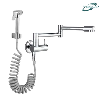 Torneira Cozinha Gourmet De Parede Dobrável Com Spray Manual Terno Aço Inox 304 Yesop