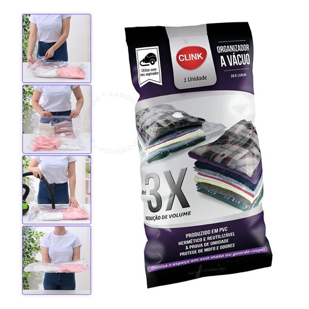 Saco A Vácuo Clink 70x110cm Organizador Para Roupas Cobertor Edredom Mala de Viagem
