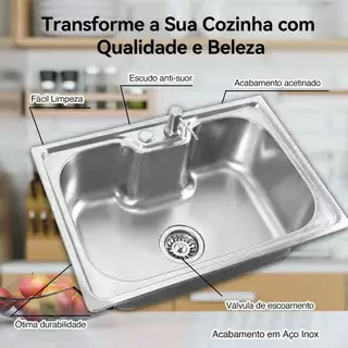 Cuba Para Cozinha Com Acessórios, 40x50x20 cm, Gourmet, Com Borracha Anti-ruído, Aço Inox Escovado com Cesto Escorredor