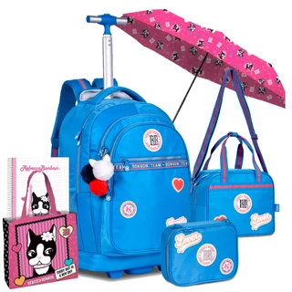 KIT Mochila De Carrinho Jeans C/ Chaveiro Pompom Estojo Lancheira Escolar Rebecca Bonbon Copo RB