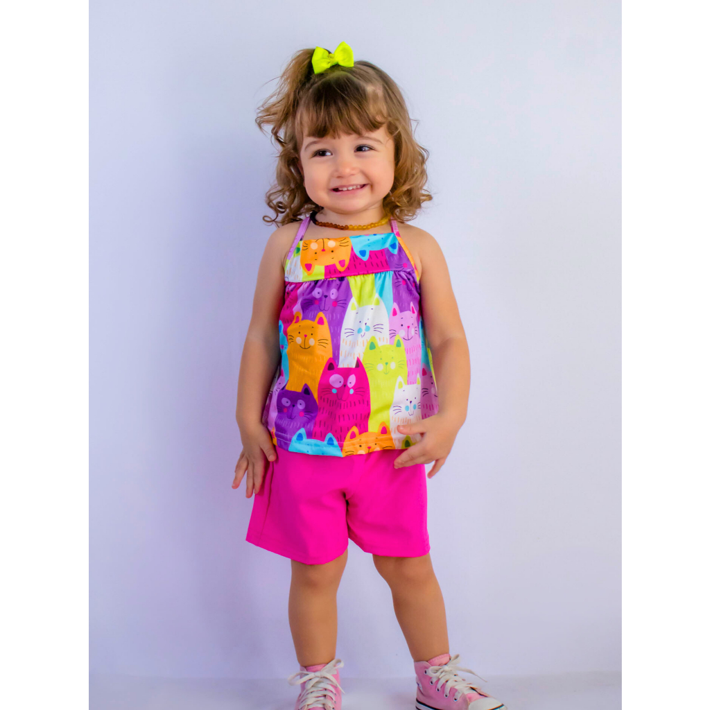 Conjunto Infantil Menina 1 regata estampa gato + 1 shorts Cores e modelos sortidos