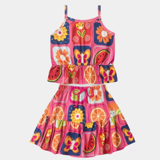 Conjunto Verão Menina Infantil Cropped e Saia Babado Encanto Tropical