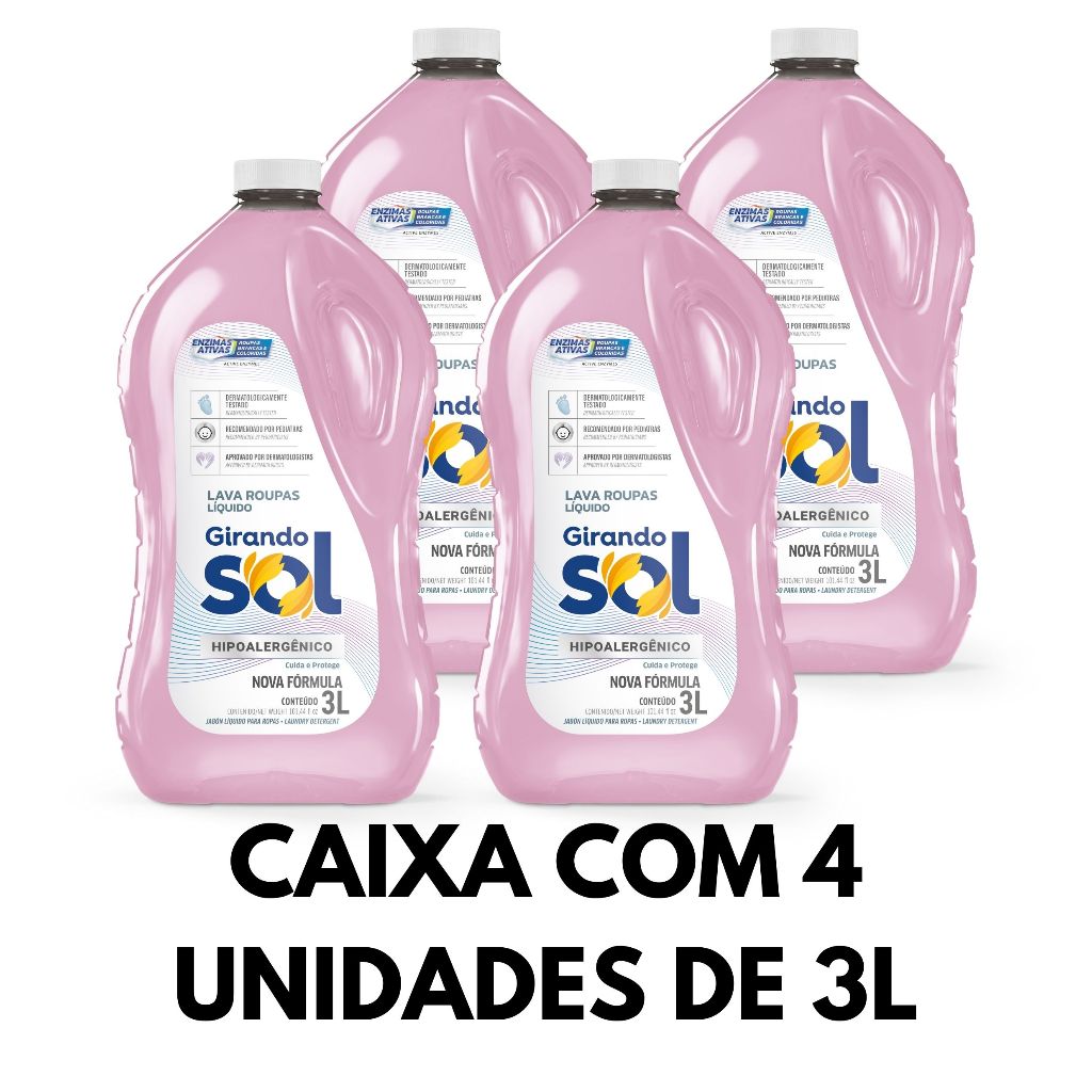Caixa Lava Roupas Sabão Líquido Hipoalergênico ( 4 Unidades de 3 Litros ) - Girando Sol