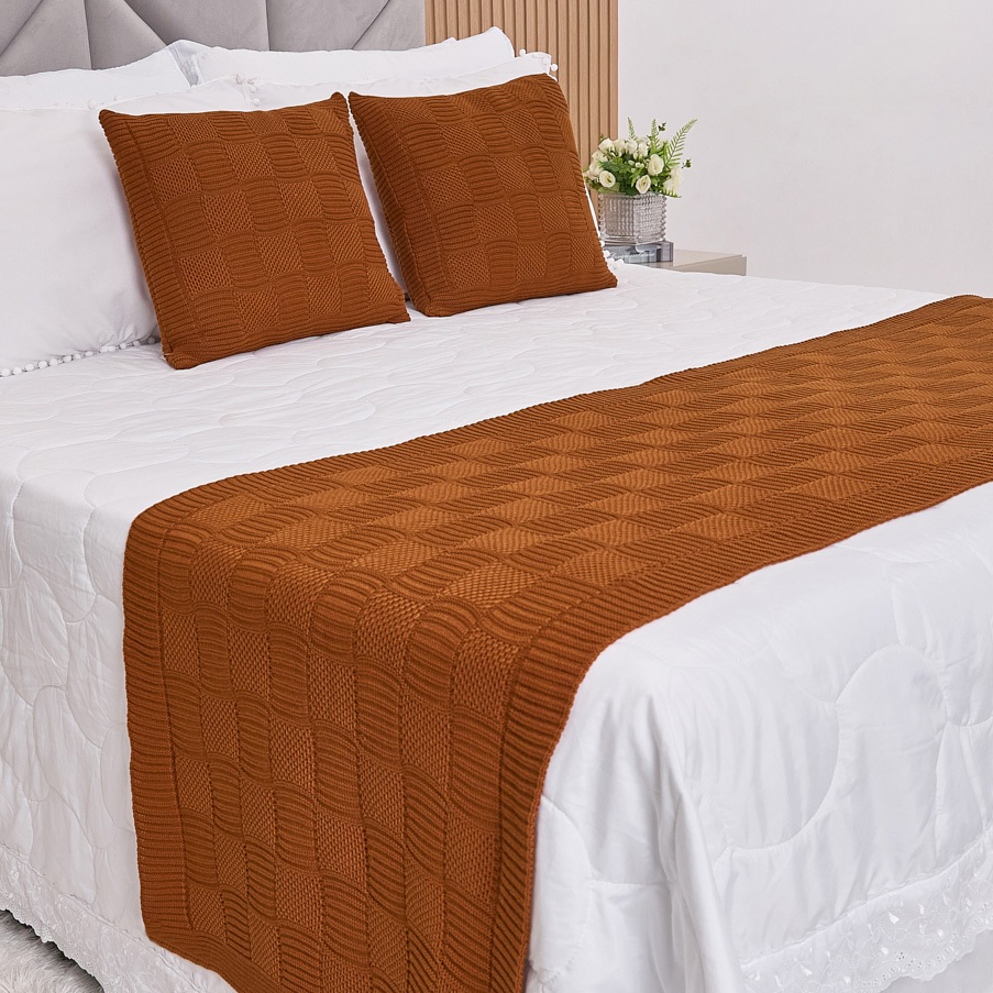 Kit Peseira Tricot Cama Casal Queen Quadriculado + 2 Capas Almofadas ...