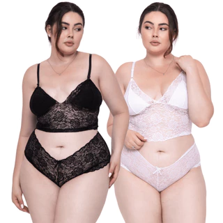 Kit 2 Conjuntos Lingerie Plus Size de Renda Espera Marido Cropped e Calcinha Shorts Sexy